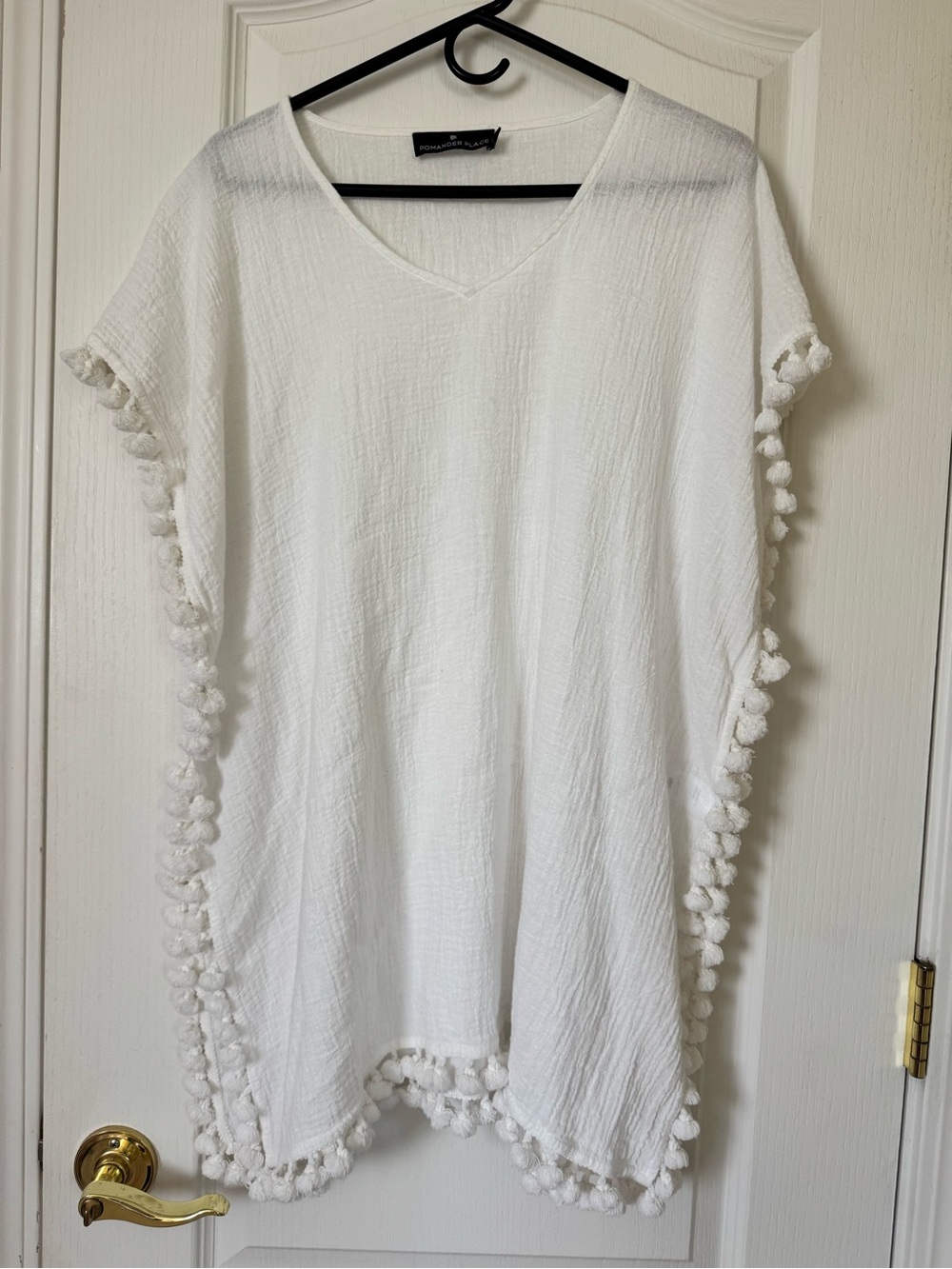 Pomander Place White Ramie Pom Pom Trim Cover Up Tunic XS/S